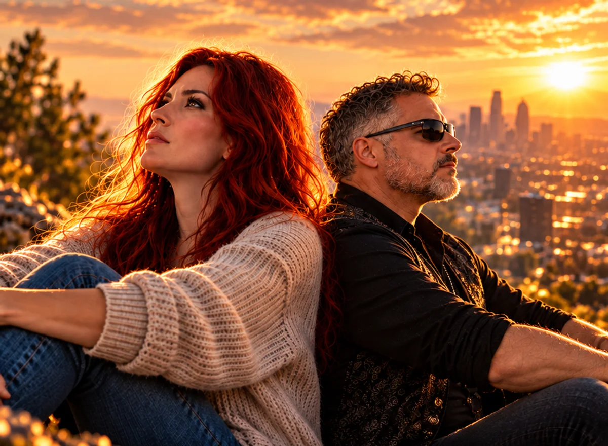 Two people look towards the warm light above a city.